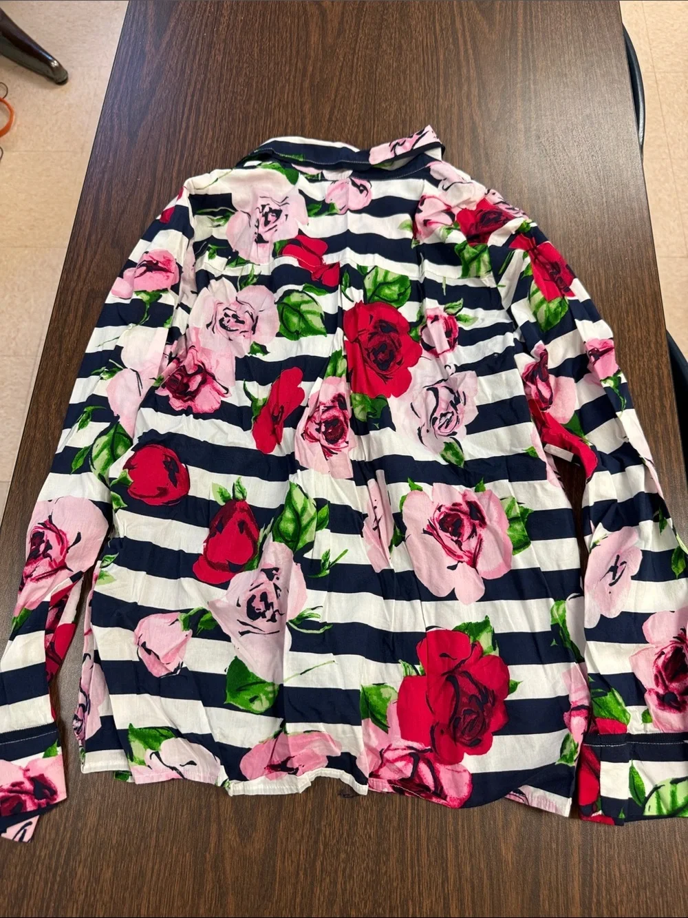 kate spade Navy & White Striped Shirt with Pink & Red Rose Print